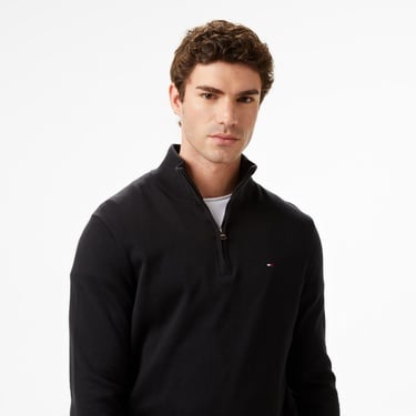  Tommy Hilfiger Essential Cotton Mock Erkek Yarım Fermuarlı Triko Siyah Kazak