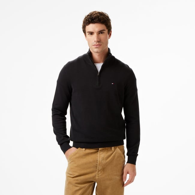  Tommy Hilfiger Essential Cotton Mock Erkek Yarım Fermuarlı Triko Siyah Kazak