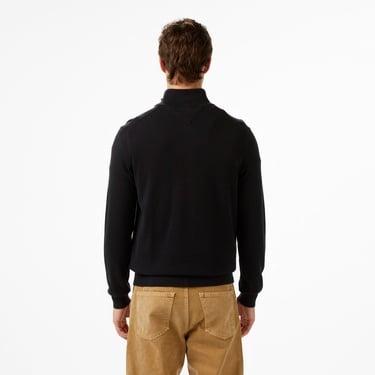  Tommy Hilfiger Essential Cotton Mock Erkek Yarım Fermuarlı Triko Siyah Kazak