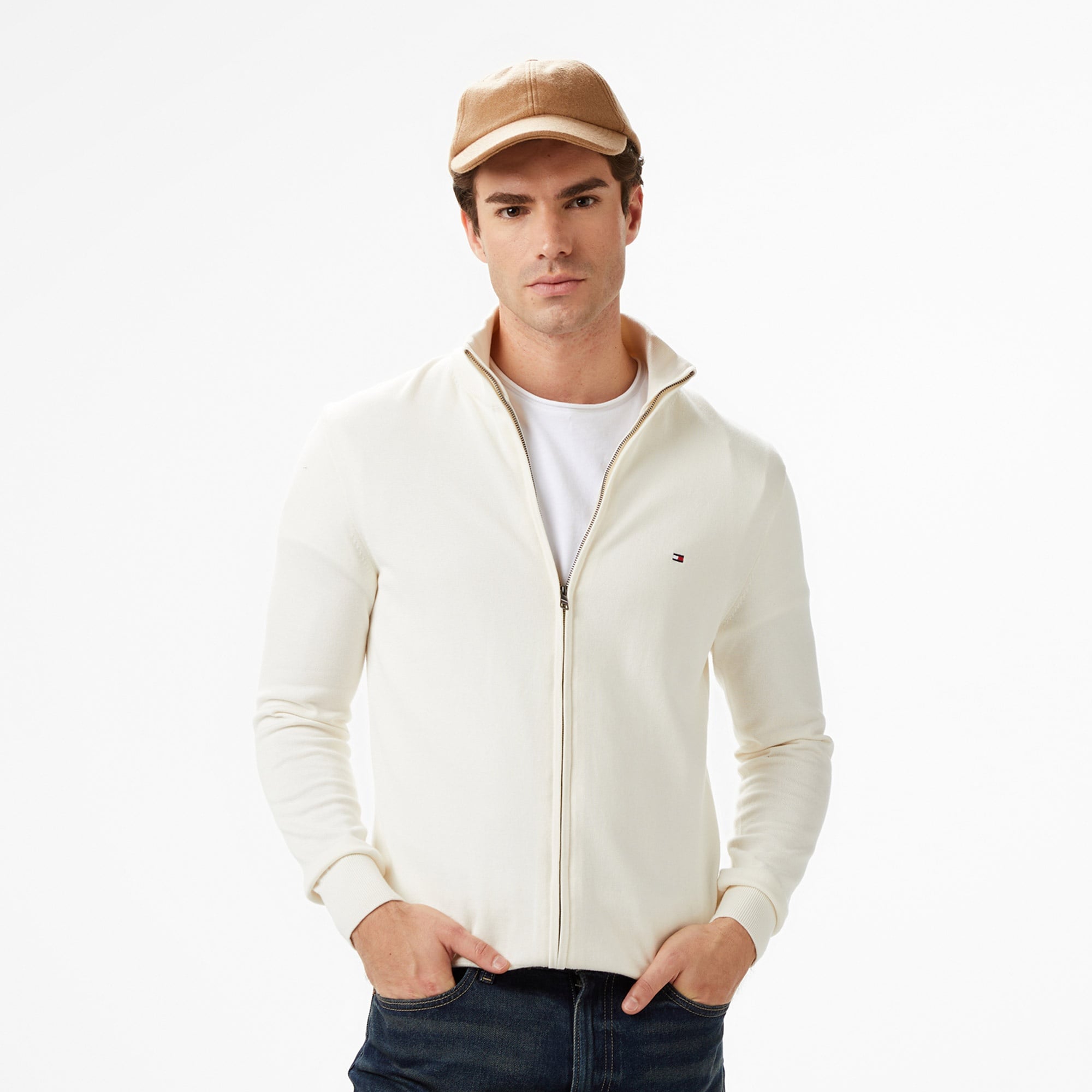 Tommy Hilfiger Essential Zip Erkek Triko Krem Hırka