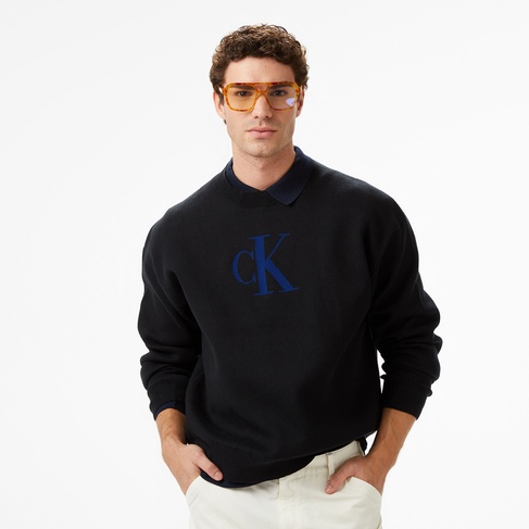  Calvin Klein Cashmere 3D Logo Erkek Siyah Triko