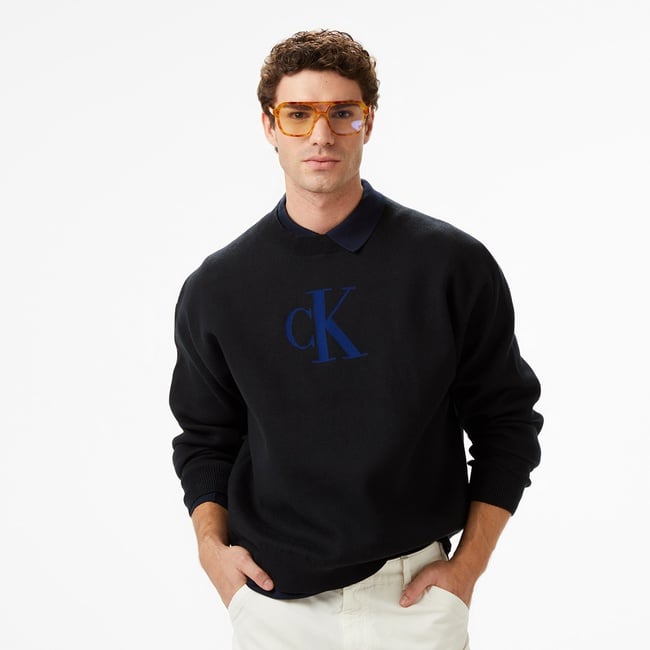  Calvin Klein Cashmere 3D Logo Erkek Siyah Triko