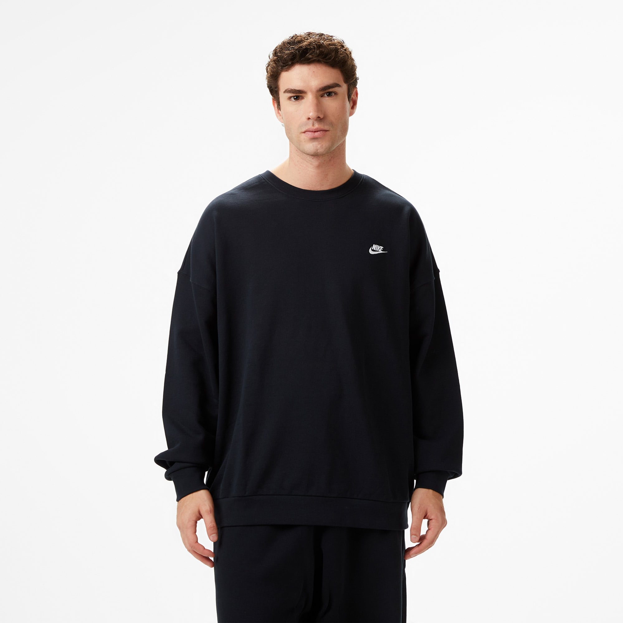  Nike Club Fleece Oversized Crew Erkek Siyah Sweatshirt
