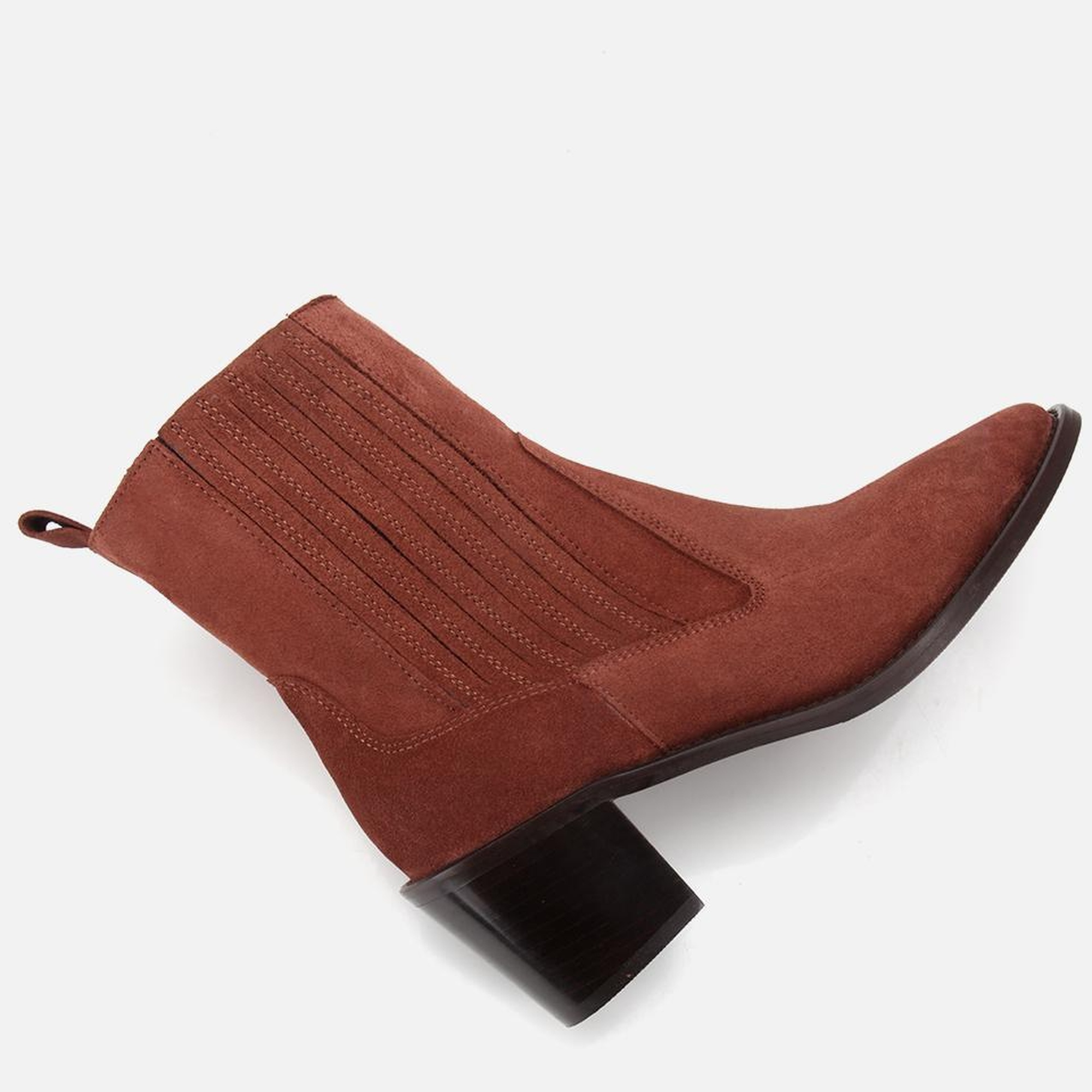 Kadın Süet Deri Taba Sivri Burunlu Lastik Detaylı Topuklu Bot