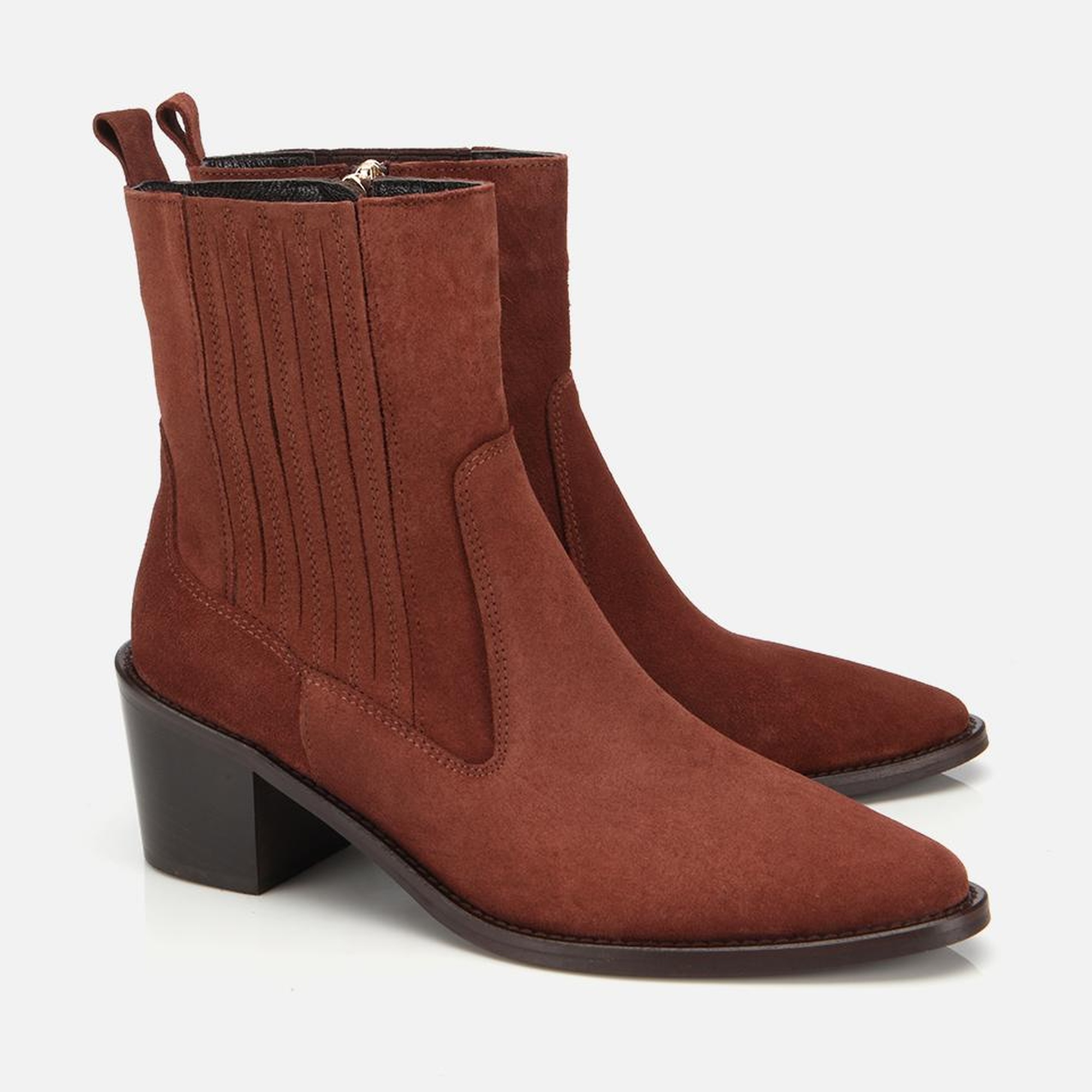 Kadın Süet Deri Taba Sivri Burunlu Lastik Detaylı Topuklu Bot