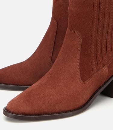  Kadın Süet Deri Taba Sivri Burunlu Lastik Detaylı Topuklu Bot