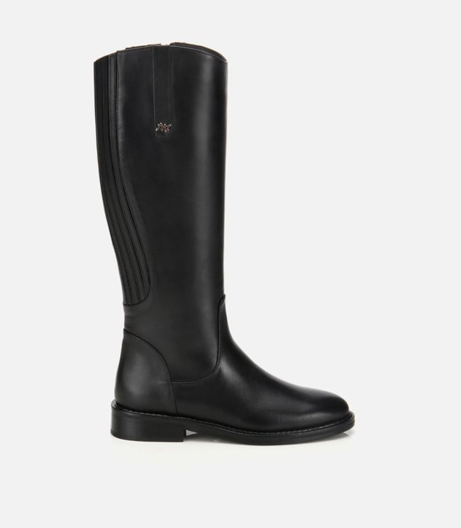  Kadın Deri Siyah Lastik Detaylı Binici Düz Çizme