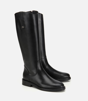  Kadın Deri Siyah Lastik Detaylı Binici Düz Çizme