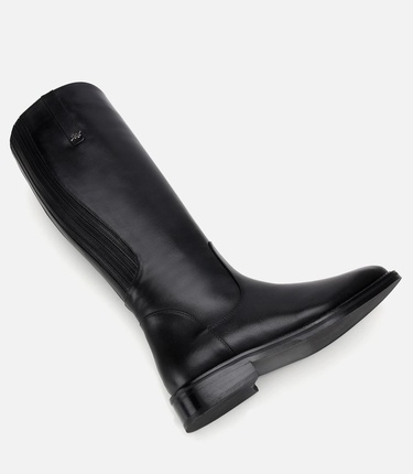  Kadın Deri Siyah Lastik Detaylı Binici Düz Çizme