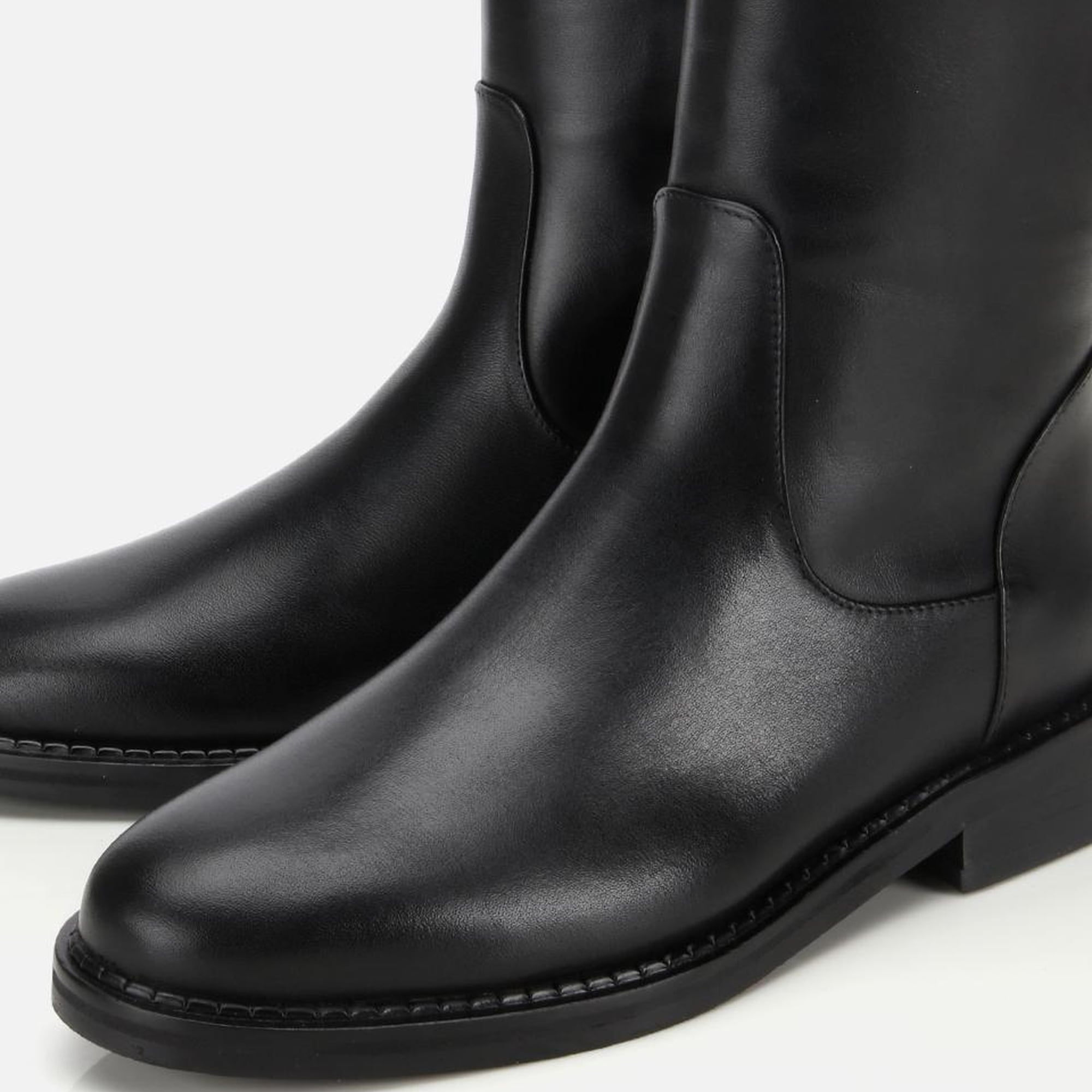 Kadın Deri Siyah Lastik Detaylı Binici Düz Çizme