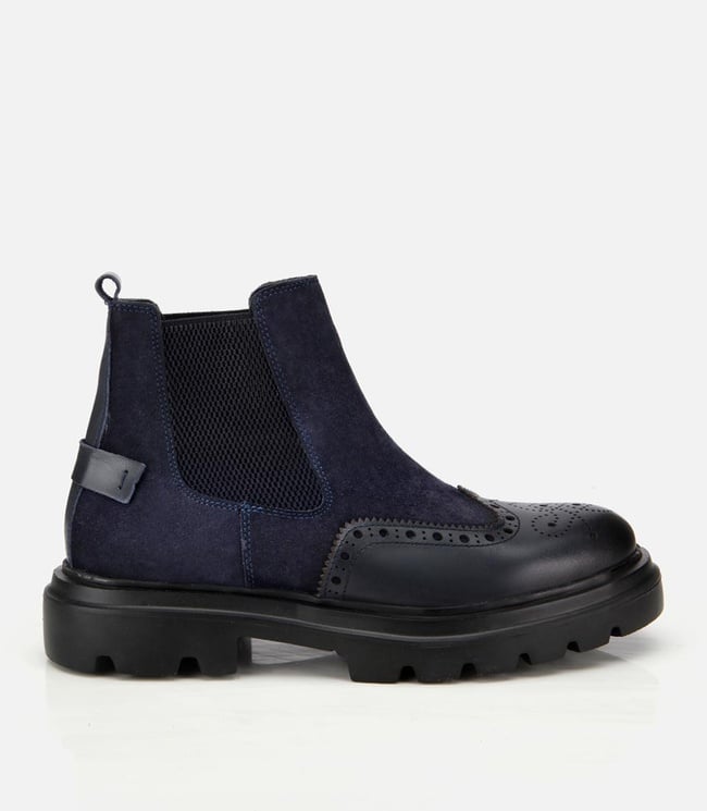  Erkek Süet Deri Lacivert Lastik Detaylı İşlemeli Chelsea Bot