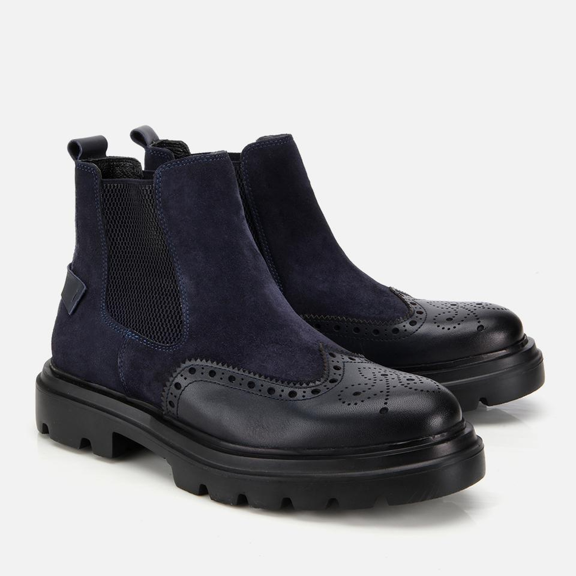 Erkek Süet Deri Lacivert Lastik Detaylı İşlemeli Chelsea Bot