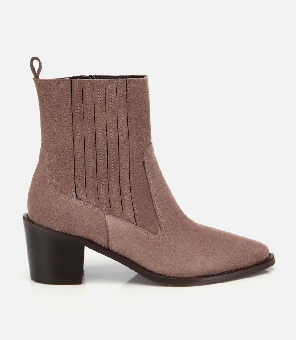  Kadın Süet Deri Vizon Sivri Burunlu Lastik Detaylı Topuklu Bot