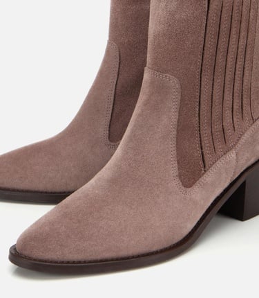  Kadın Süet Deri Vizon Sivri Burunlu Lastik Detaylı Topuklu Bot
