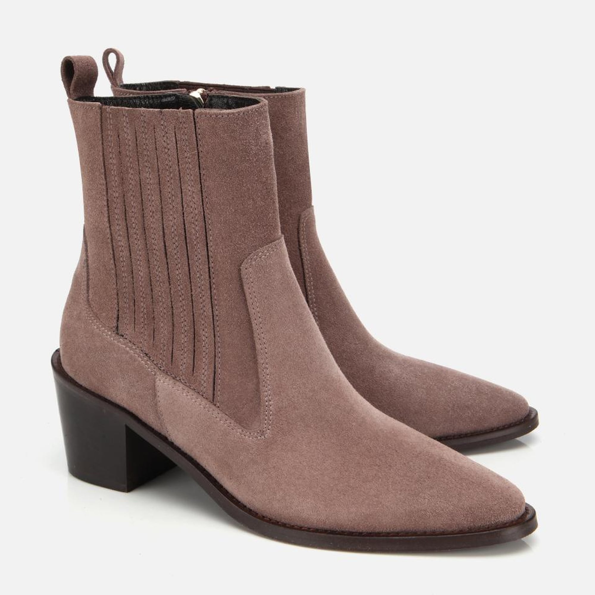 Kadın Süet Deri Vizon Sivri Burunlu Lastik Detaylı Topuklu Bot