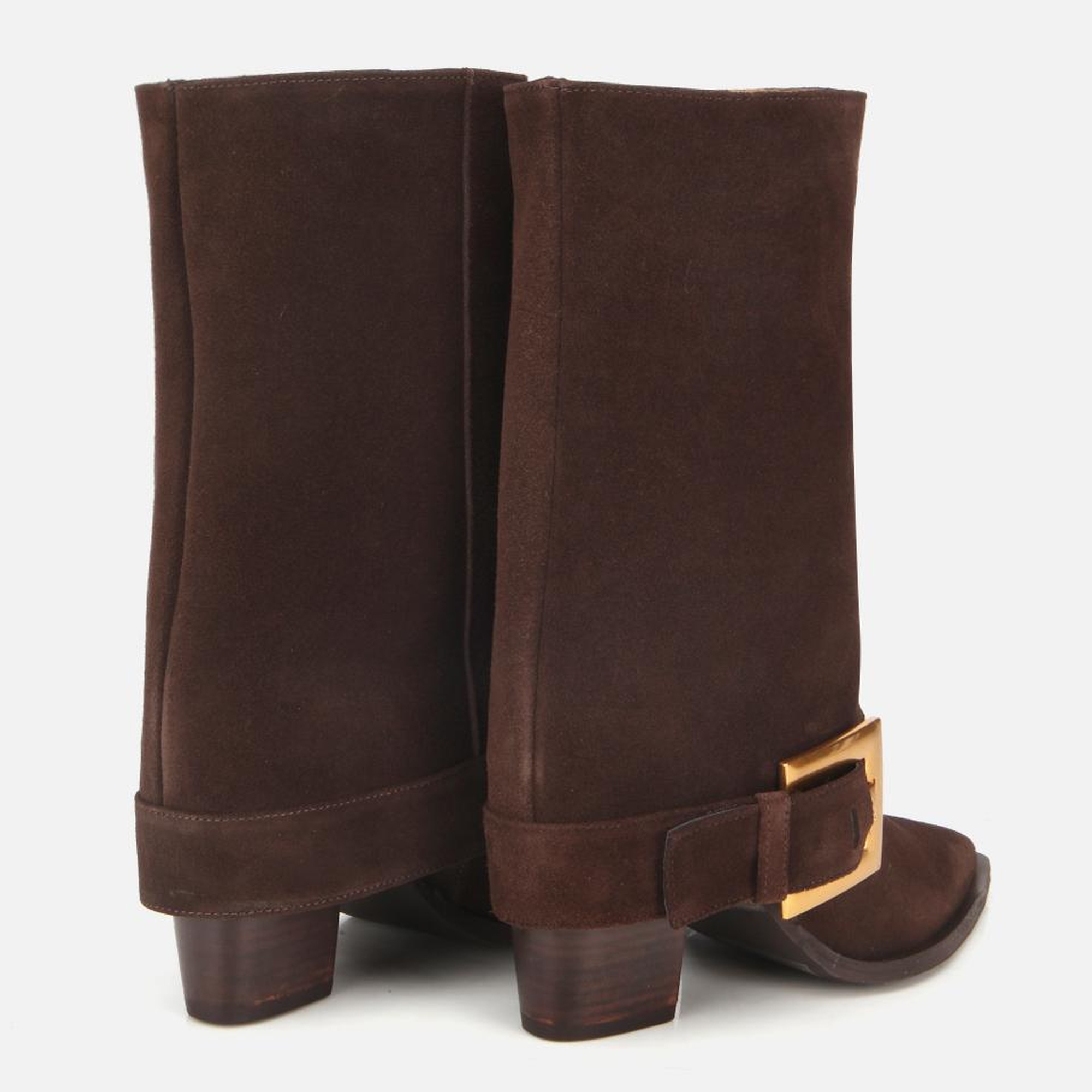 Kadın Süet Deri Kahverengi Pantolon Görünümlü Gold Tokalı Topuklu Bot