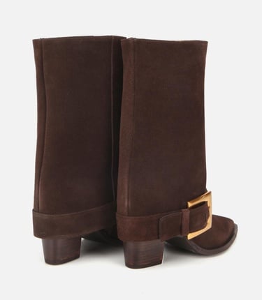  Kadın Süet Deri Kahverengi Pantolon Görünümlü Gold Tokalı Topuklu Bot