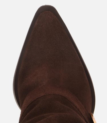  Kadın Süet Deri Kahverengi Pantolon Görünümlü Gold Tokalı Topuklu Bot