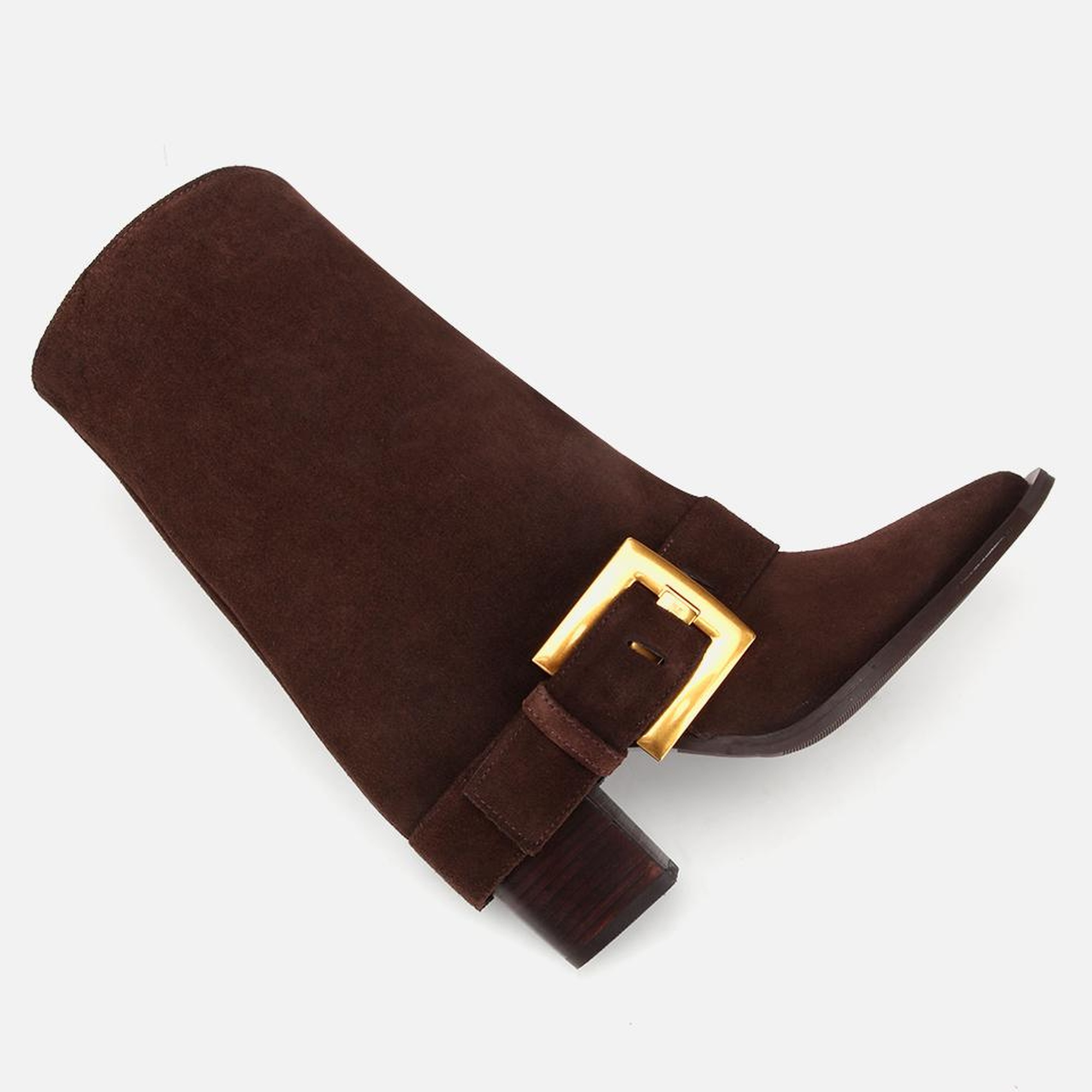 Kadın Süet Deri Kahverengi Pantolon Görünümlü Gold Tokalı Topuklu Bot