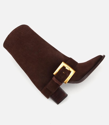  Kadın Süet Deri Kahverengi Pantolon Görünümlü Gold Tokalı Topuklu Bot