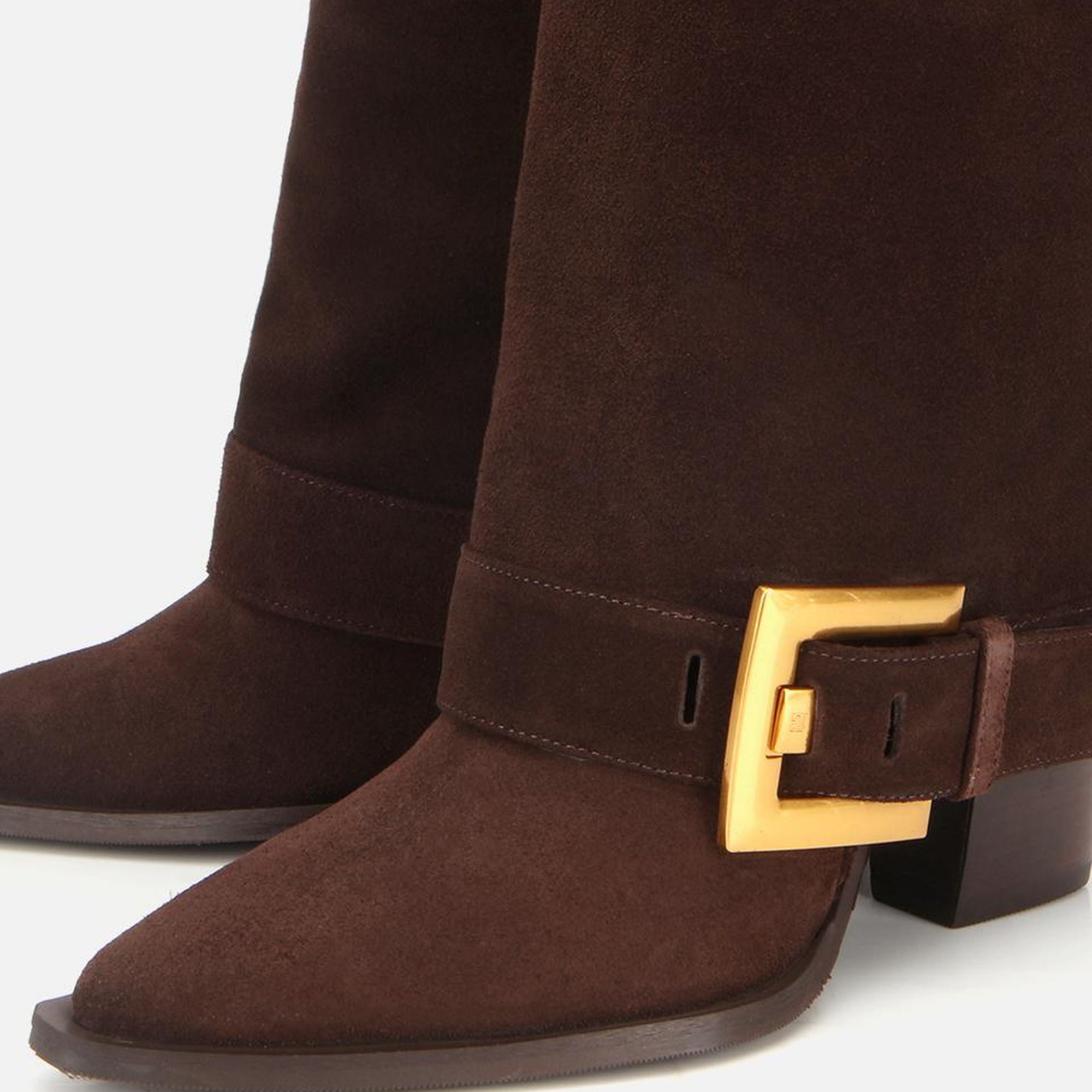 Kadın Süet Deri Kahverengi Pantolon Görünümlü Gold Tokalı Topuklu Bot