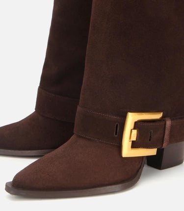  Kadın Süet Deri Kahverengi Pantolon Görünümlü Gold Tokalı Topuklu Bot