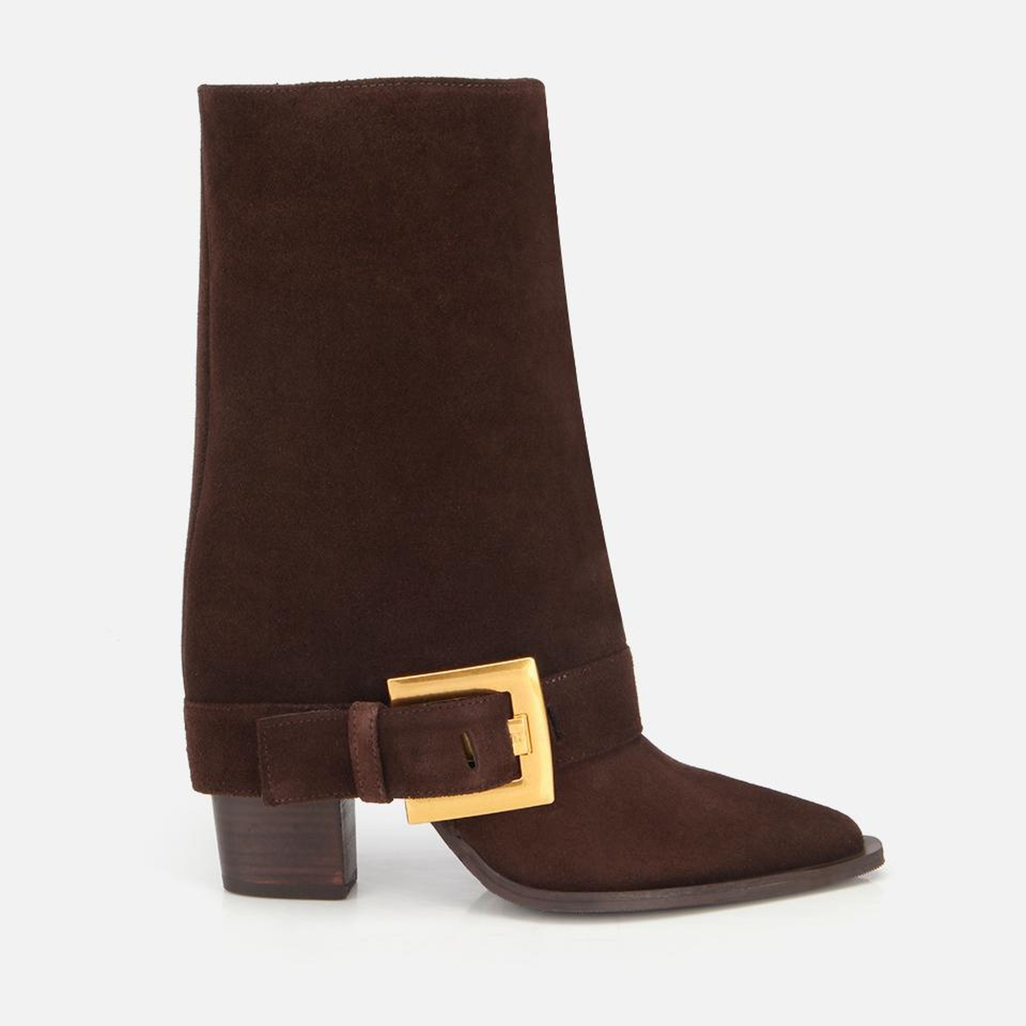 Kadın Süet Deri Kahverengi Pantolon Görünümlü Gold Tokalı Topuklu Bot