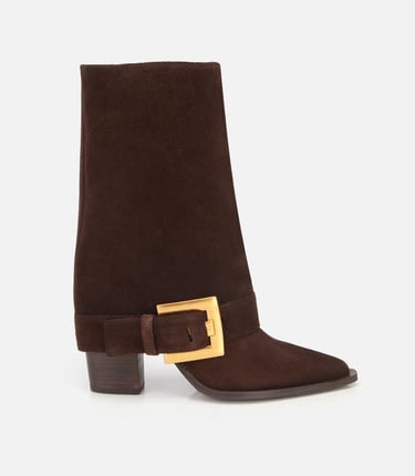  Kadın Süet Deri Kahverengi Pantolon Görünümlü Gold Tokalı Topuklu Bot