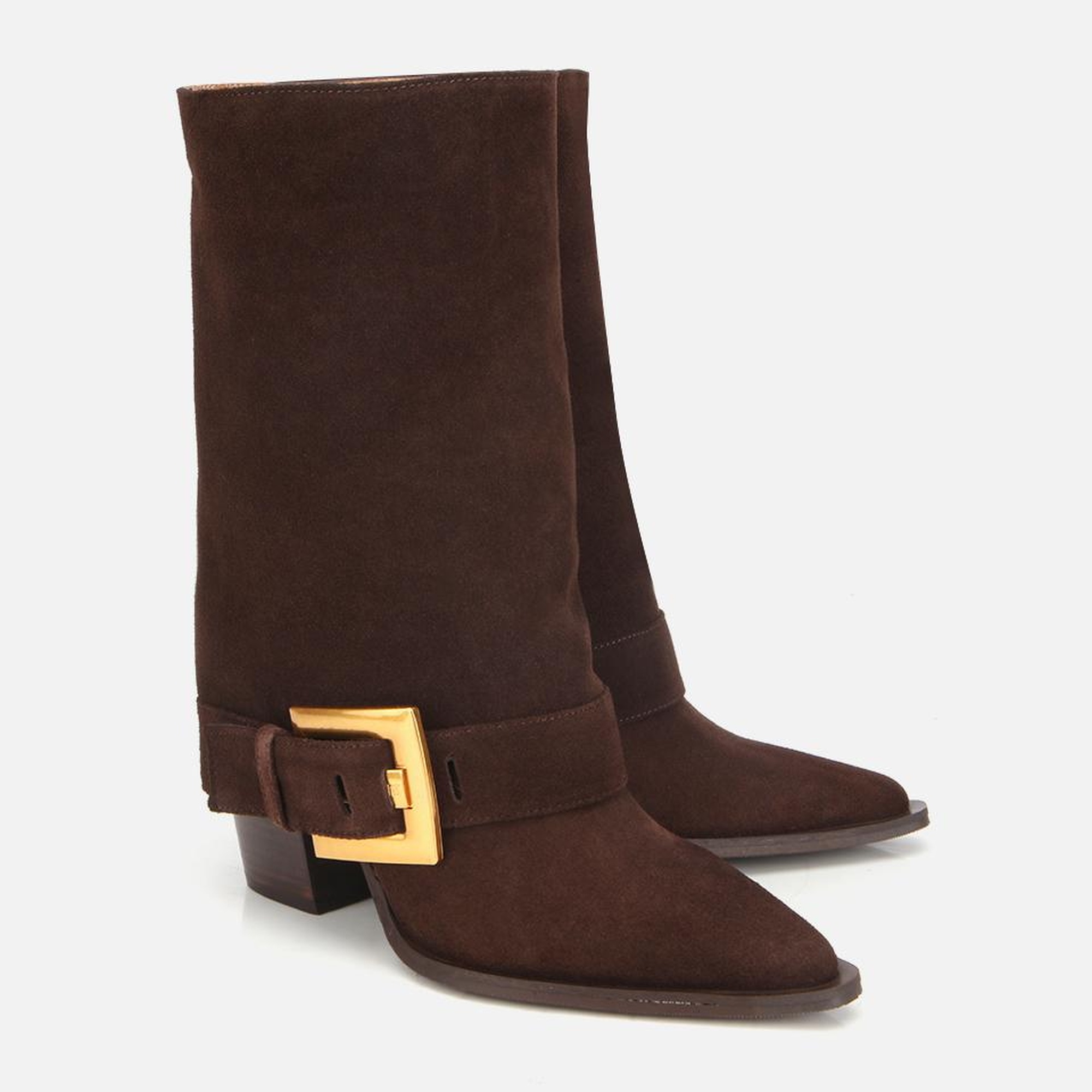 Kadın Süet Deri Kahverengi Pantolon Görünümlü Gold Tokalı Topuklu Bot