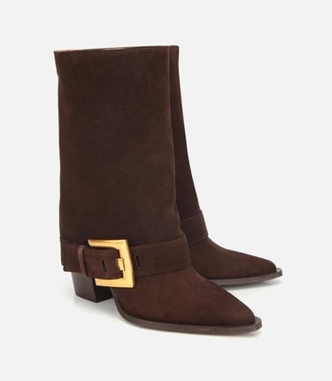  Kadın Süet Deri Kahverengi Pantolon Görünümlü Gold Tokalı Topuklu Bot