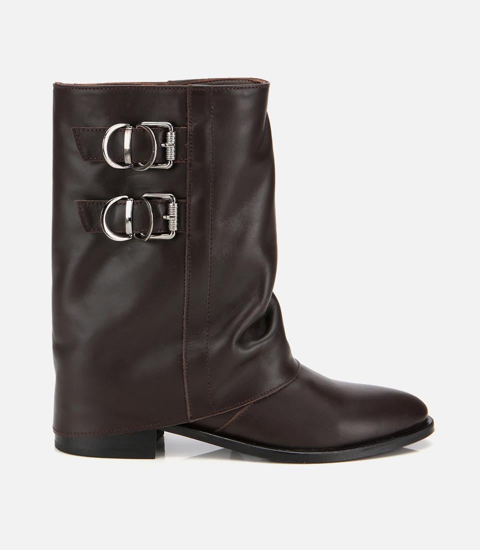  Kadın Deri Kahverengi Tokalı Kırışık Görünümlü Kovboy/Western Düz Bot