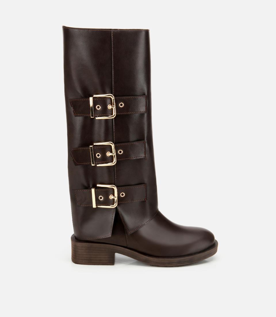  Kadın Kahverengi Tokalı Düz Çizme