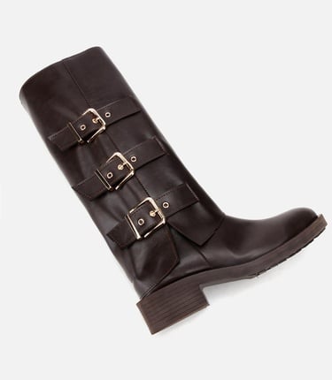  Kadın Kahverengi Tokalı Düz Çizme