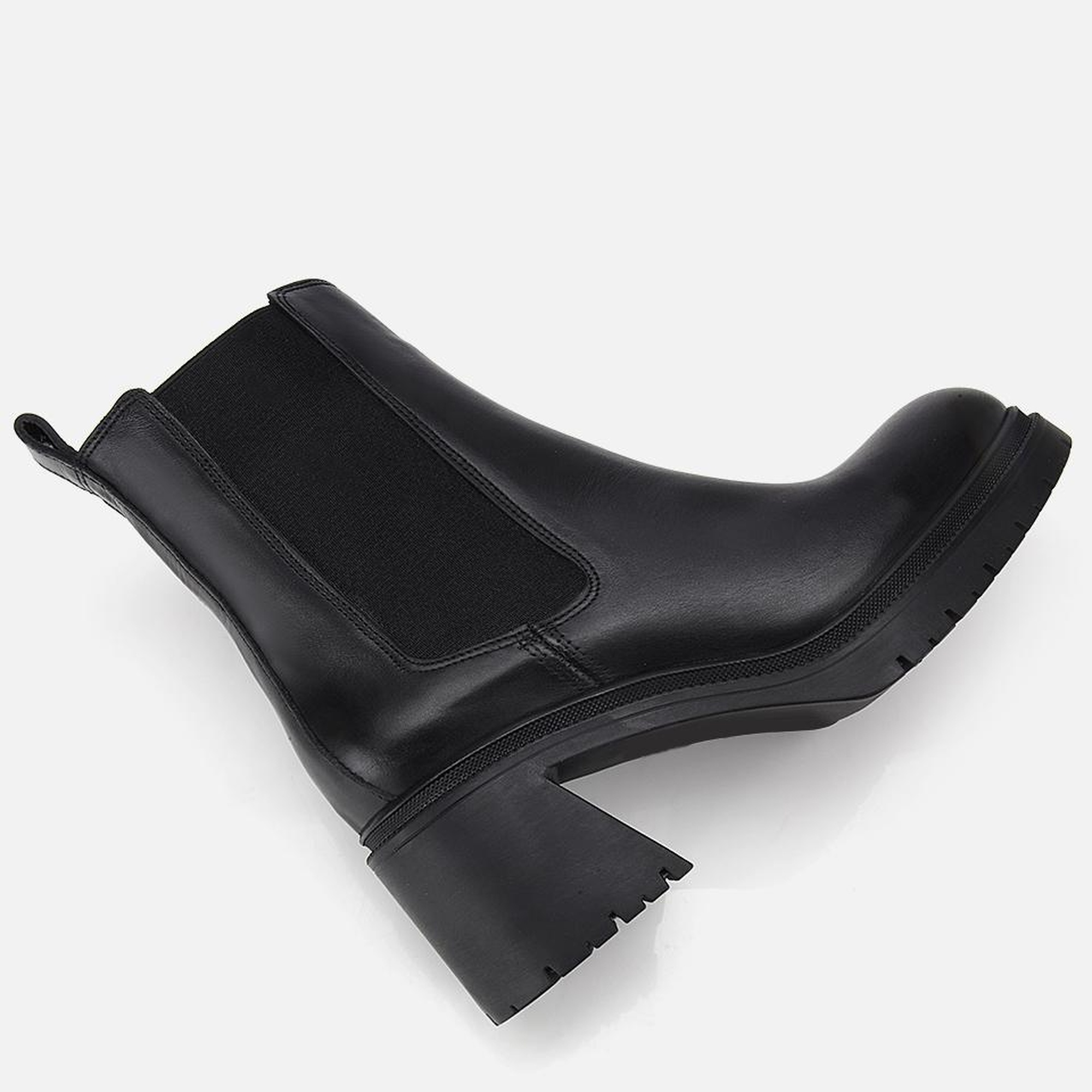 Kadın Deri Siyah Lastik Detaylı Kalın Topuklu Bot