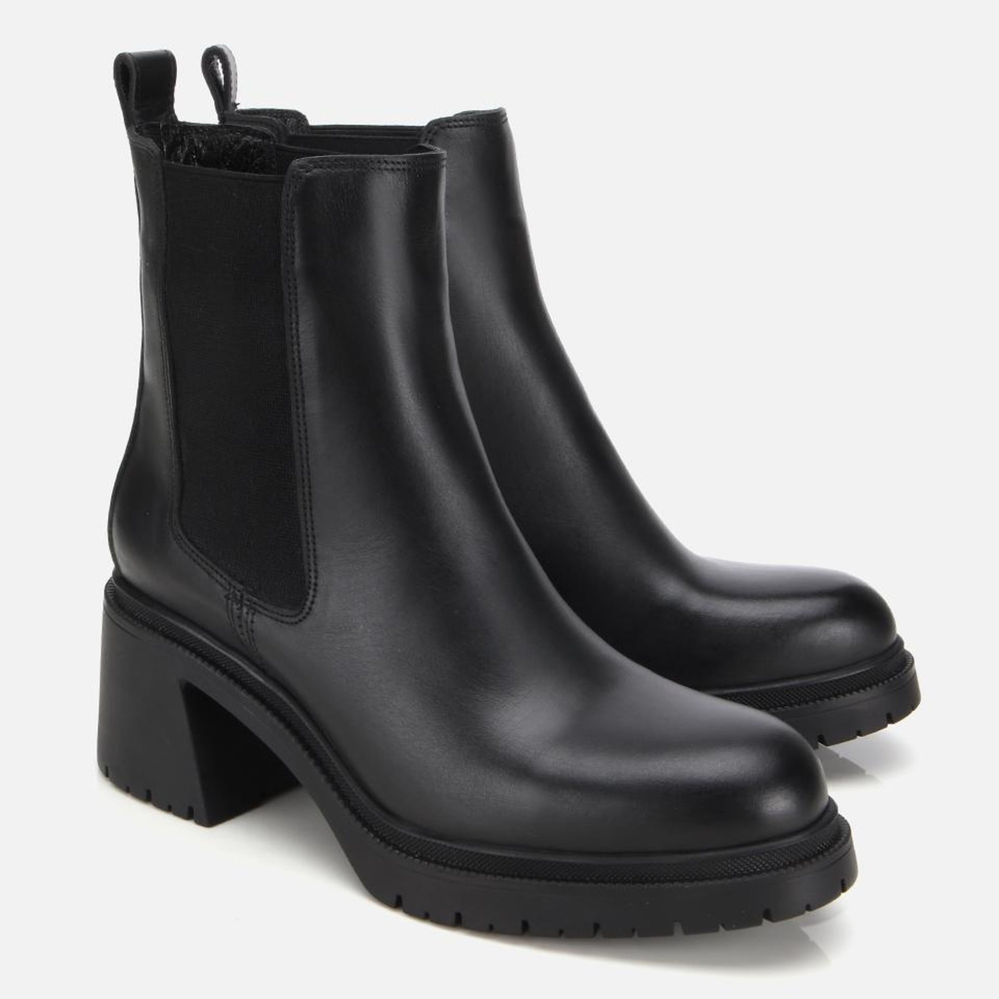 Kadın Deri Siyah Lastik Detaylı Kalın Topuklu Bot