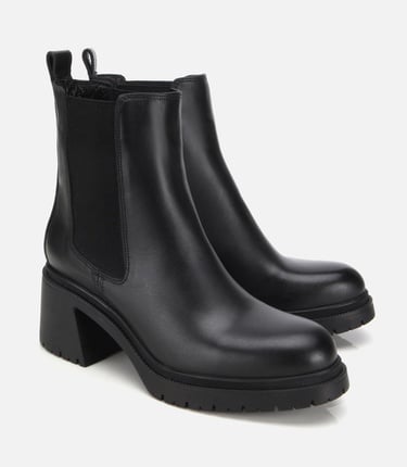  Kadın Deri Siyah Lastik Detaylı Kalın Topuklu Bot