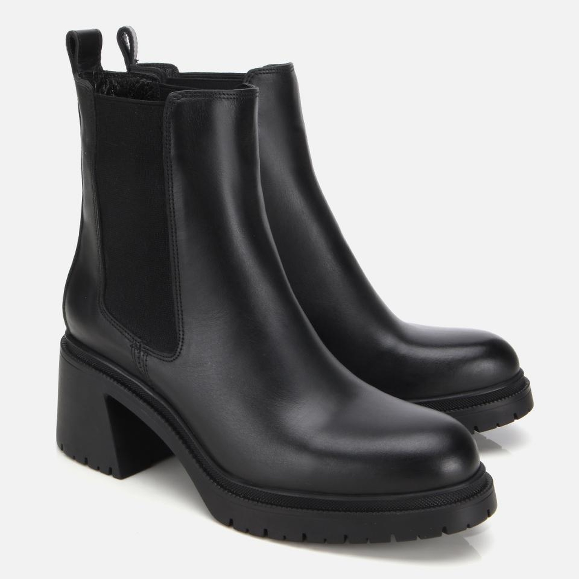 Kadın Deri Siyah Lastik Detaylı Kalın Topuklu Bot