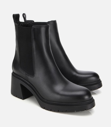  Kadın Deri Siyah Lastik Detaylı Kalın Topuklu Bot