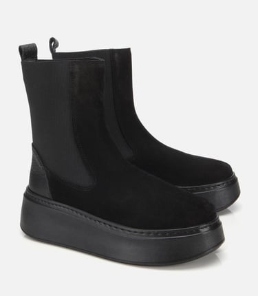  Kadın Süet Deri Siyah Lastik Detaylı Kalın Tabanlı Düz Bot