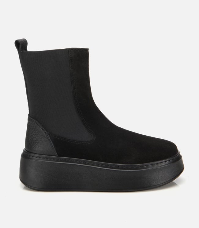  Kadın Süet Deri Siyah Lastik Detaylı Kalın Tabanlı Düz Bot