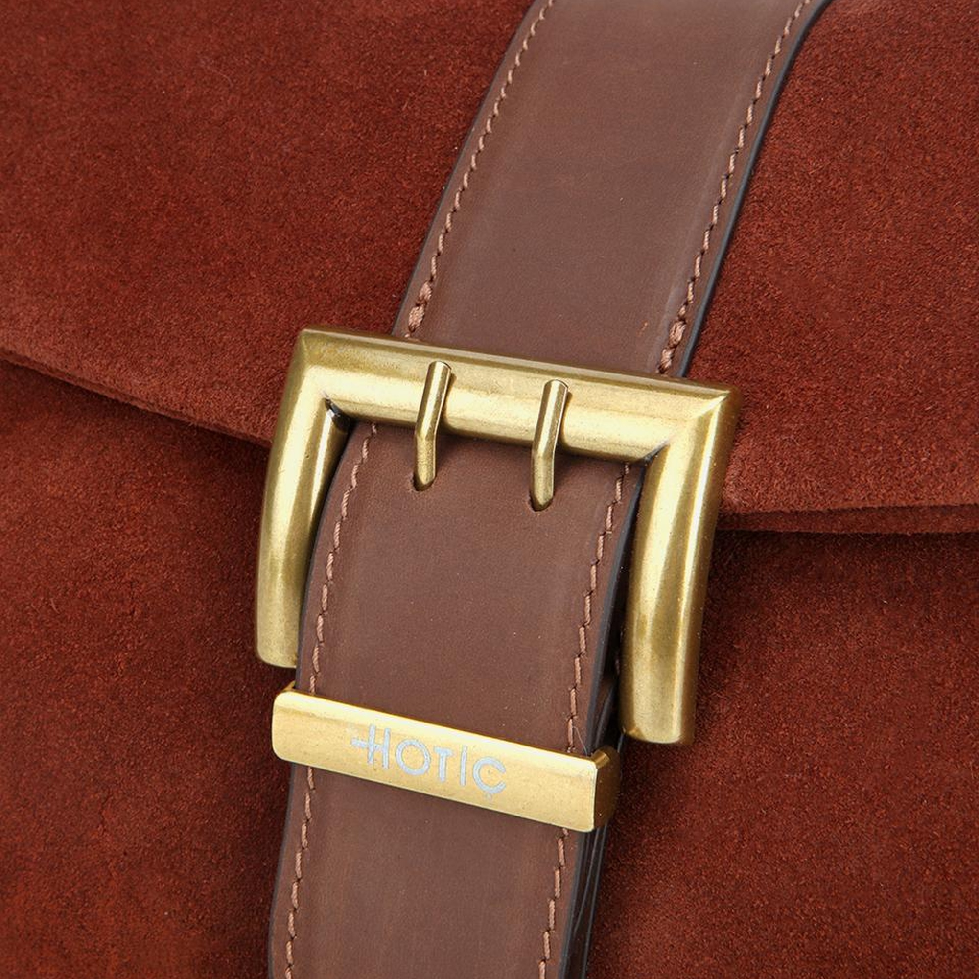 Kadın Süet Deri Kahverengi Gold Toka Detaylı Portföy