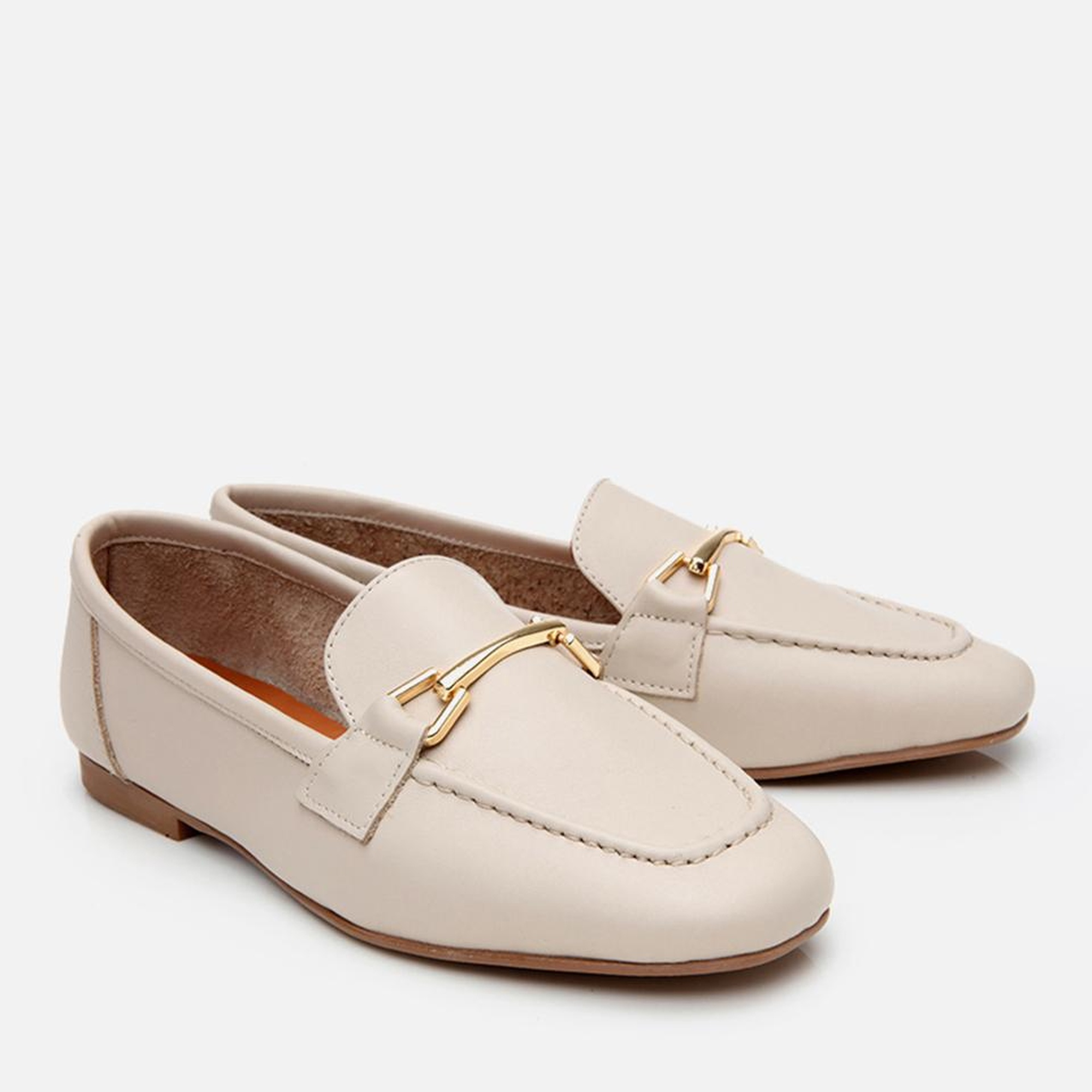 Kadın Deri Ekru Tokalı Loafer