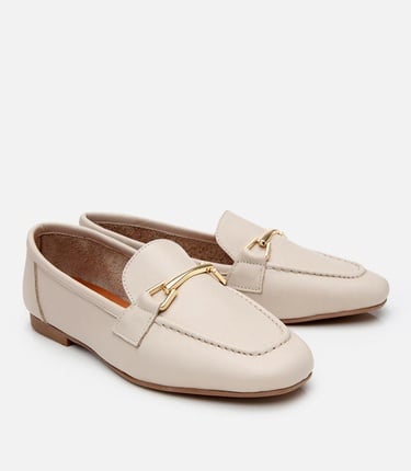  Kadın Deri Ekru Tokalı Loafer