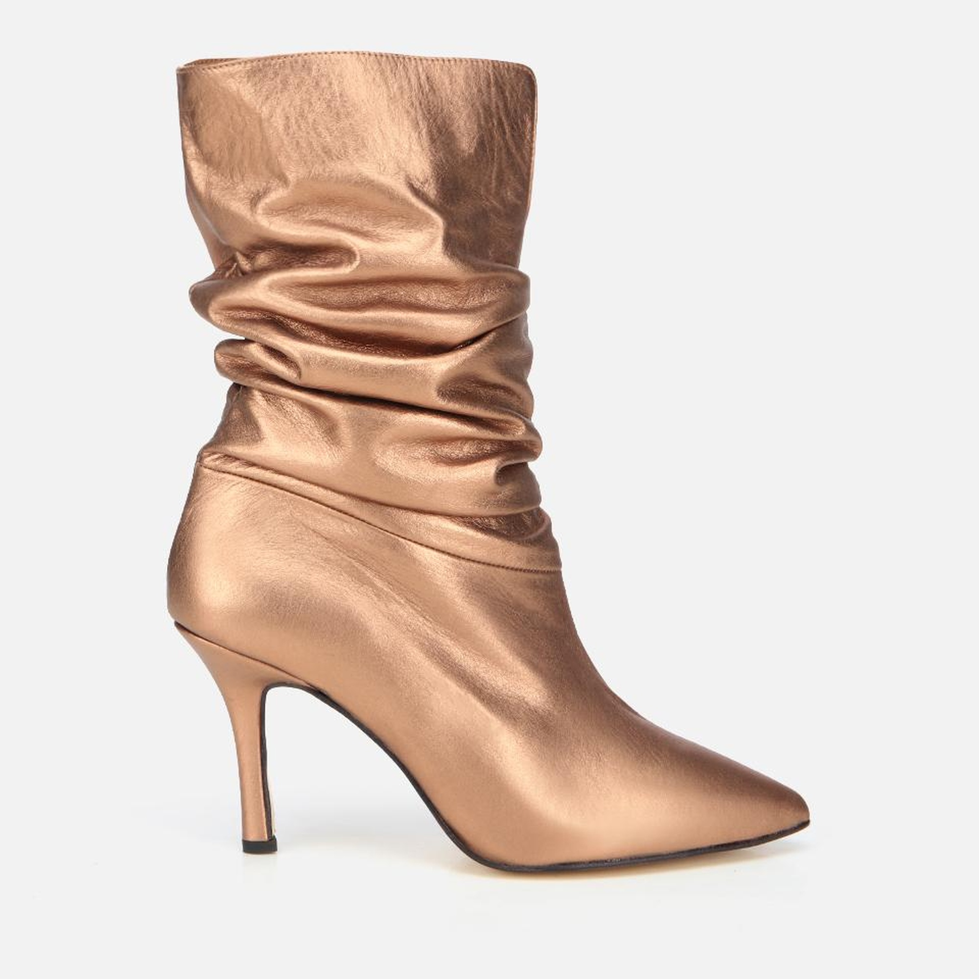Kadın Deri Bronz Büzgülü Sivri Burunlu İnce Topuklu Bot