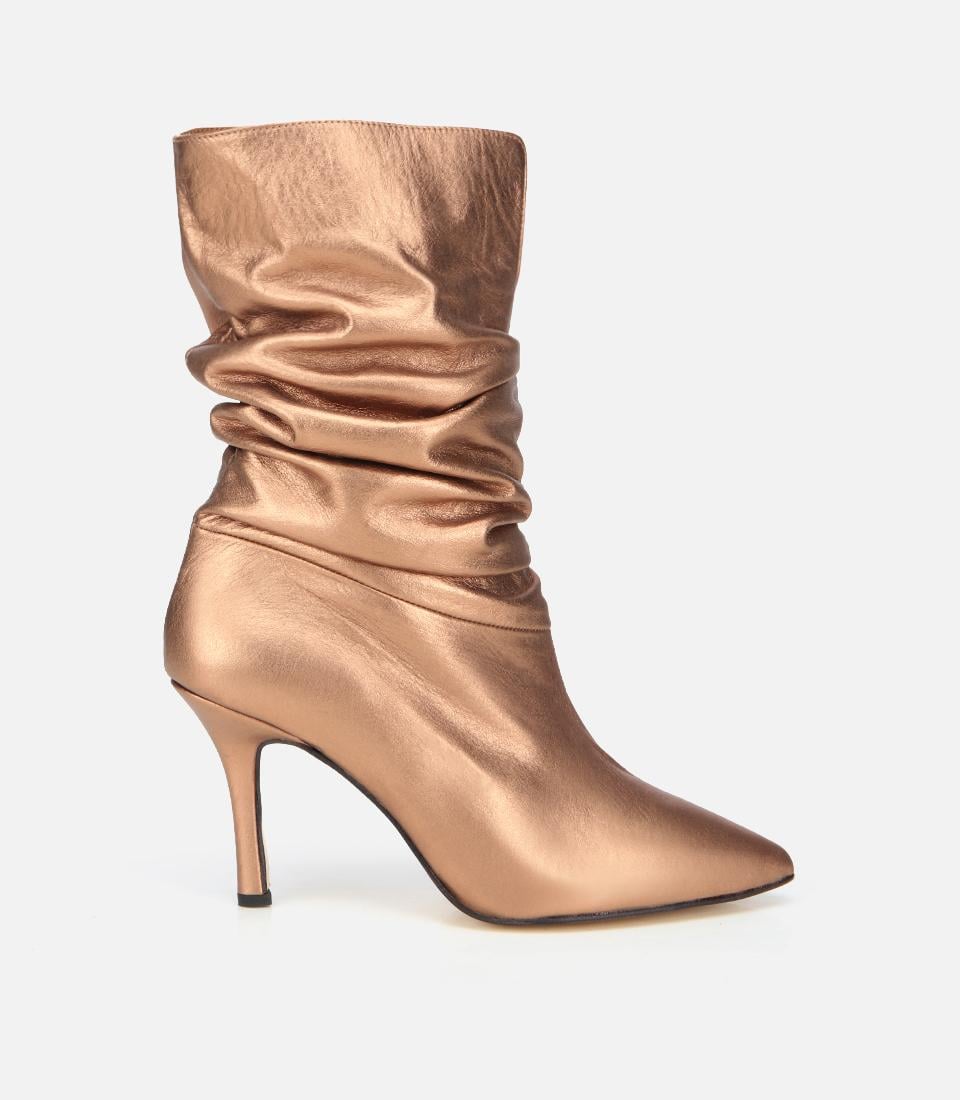  Kadın Deri Bronz Büzgülü Sivri Burunlu İnce Topuklu Bot