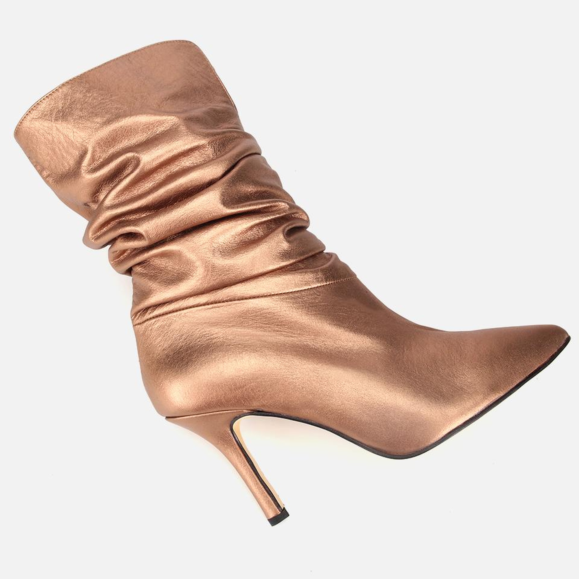 Kadın Deri Bronz Büzgülü Sivri Burunlu İnce Topuklu Bot