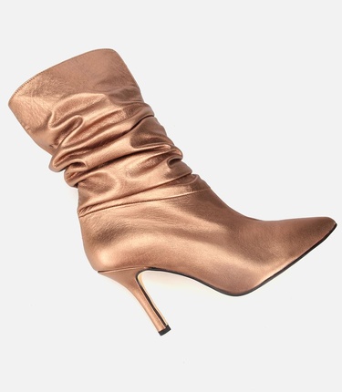  Kadın Deri Bronz Büzgülü Sivri Burunlu İnce Topuklu Bot