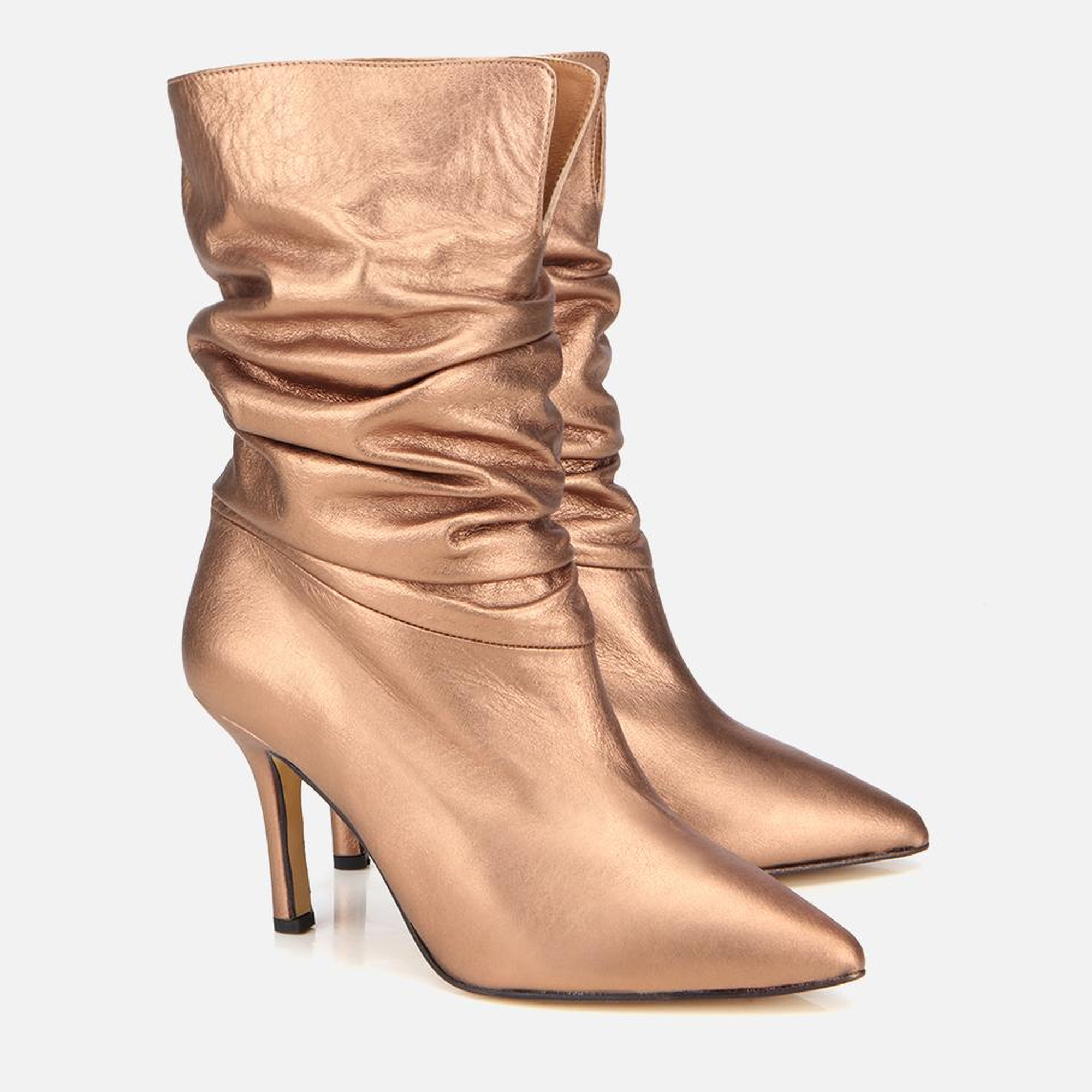 Kadın Deri Bronz Büzgülü Sivri Burunlu İnce Topuklu Bot
