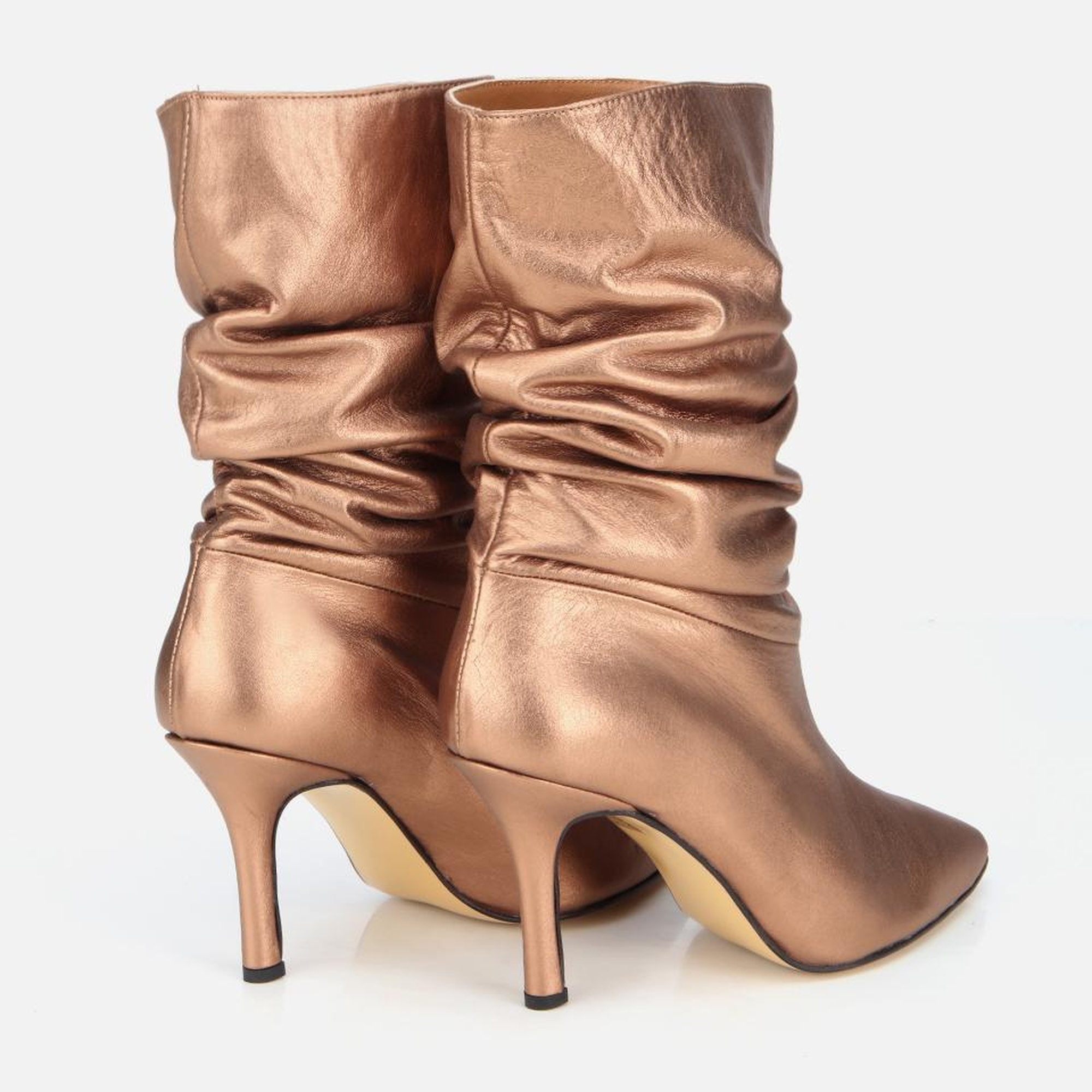 Kadın Deri Bronz Büzgülü Sivri Burunlu İnce Topuklu Bot
