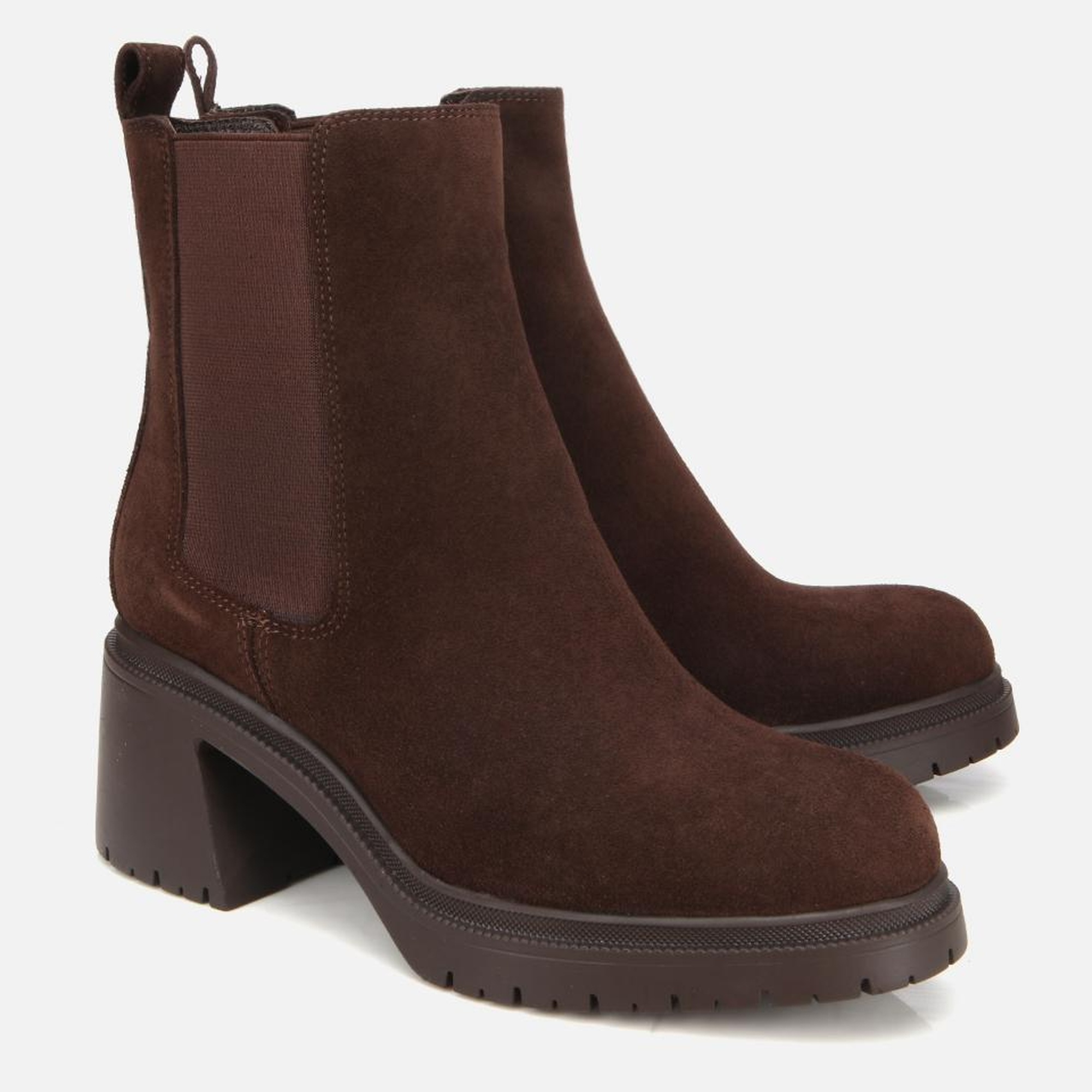 Kadın Süet Deri Kahverengi Lastik Detaylı Kalın Topuklu Bot